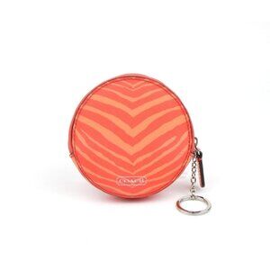 Coach Orange Zebra Print Round Coin Purse With Keyring